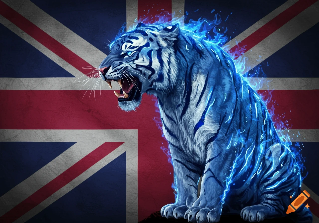 A blue tiger with glowing flames sits in front of a Union Jack flag.