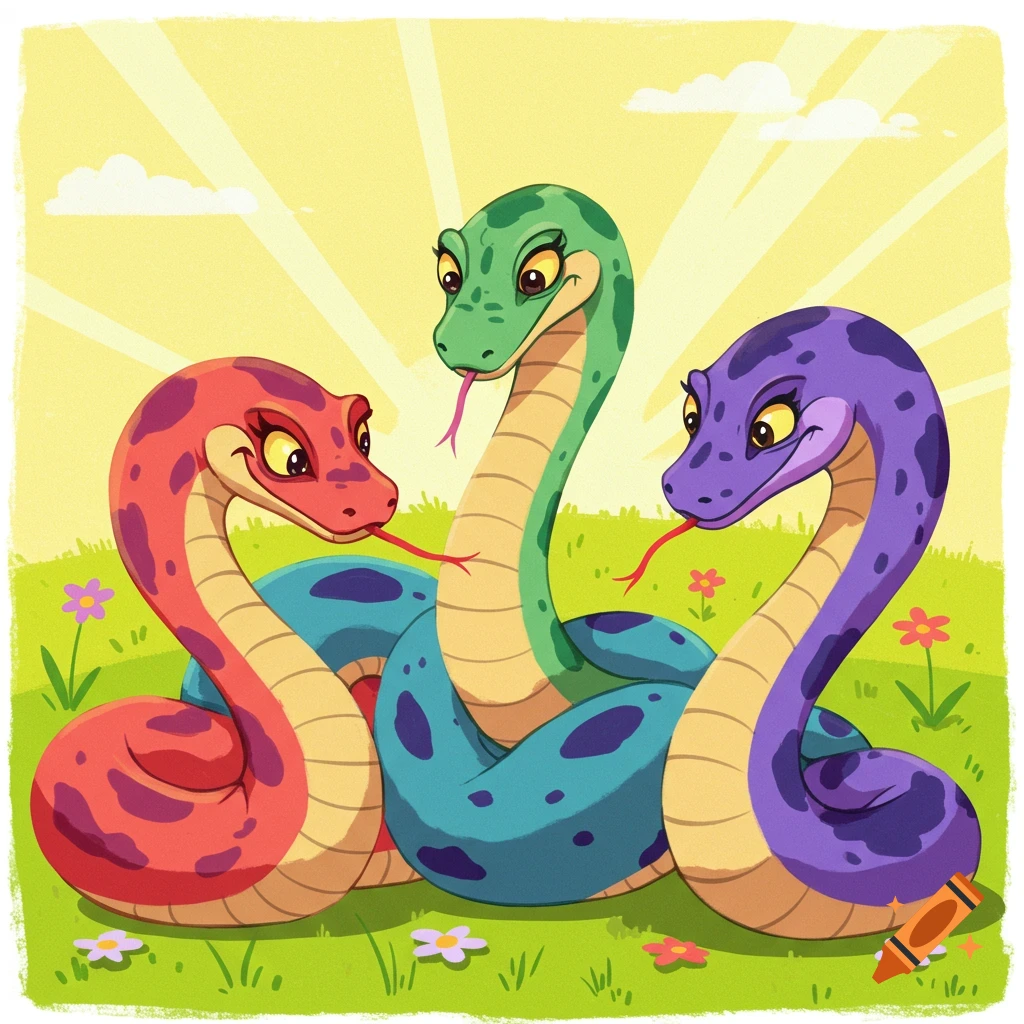 Three colorful cartoon snakes looking cheeky in a sunny field with flowers.