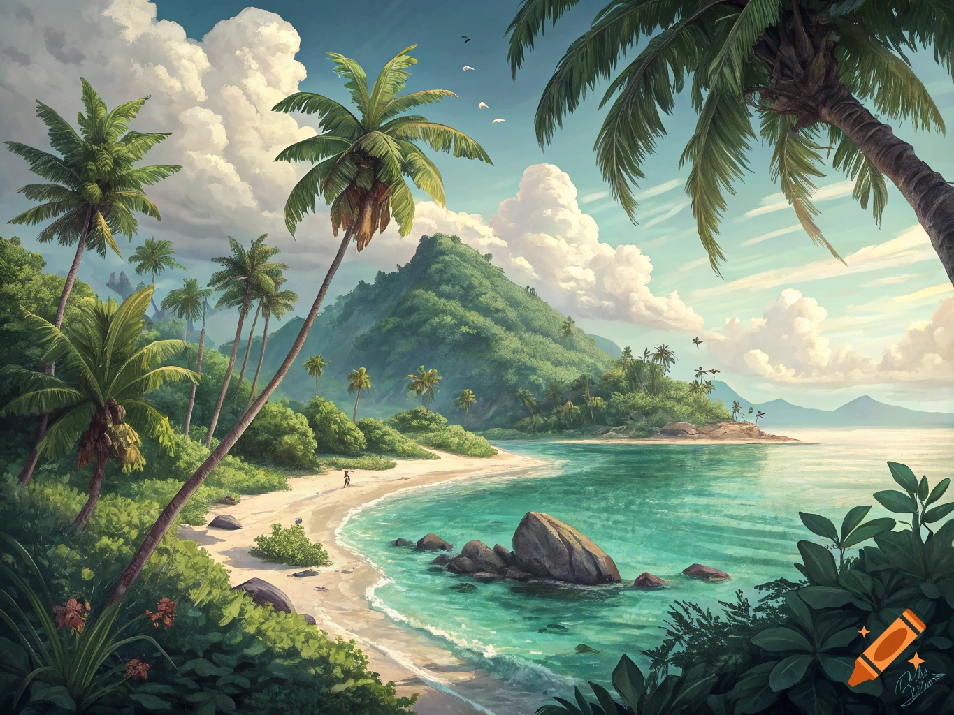 Painted illustration of a tropical beach with palm trees, clear blue water, white sand, mountains, and clouds.