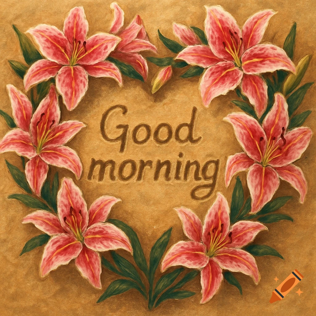 Heart-shaped arrangement of pink and white lilies with "Good morning" written in sand texture in the center.