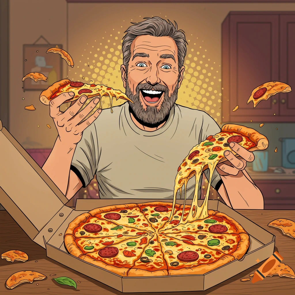 A man smiling and eagerly eating a slice of pizza from a large pizza box in a comic art style.