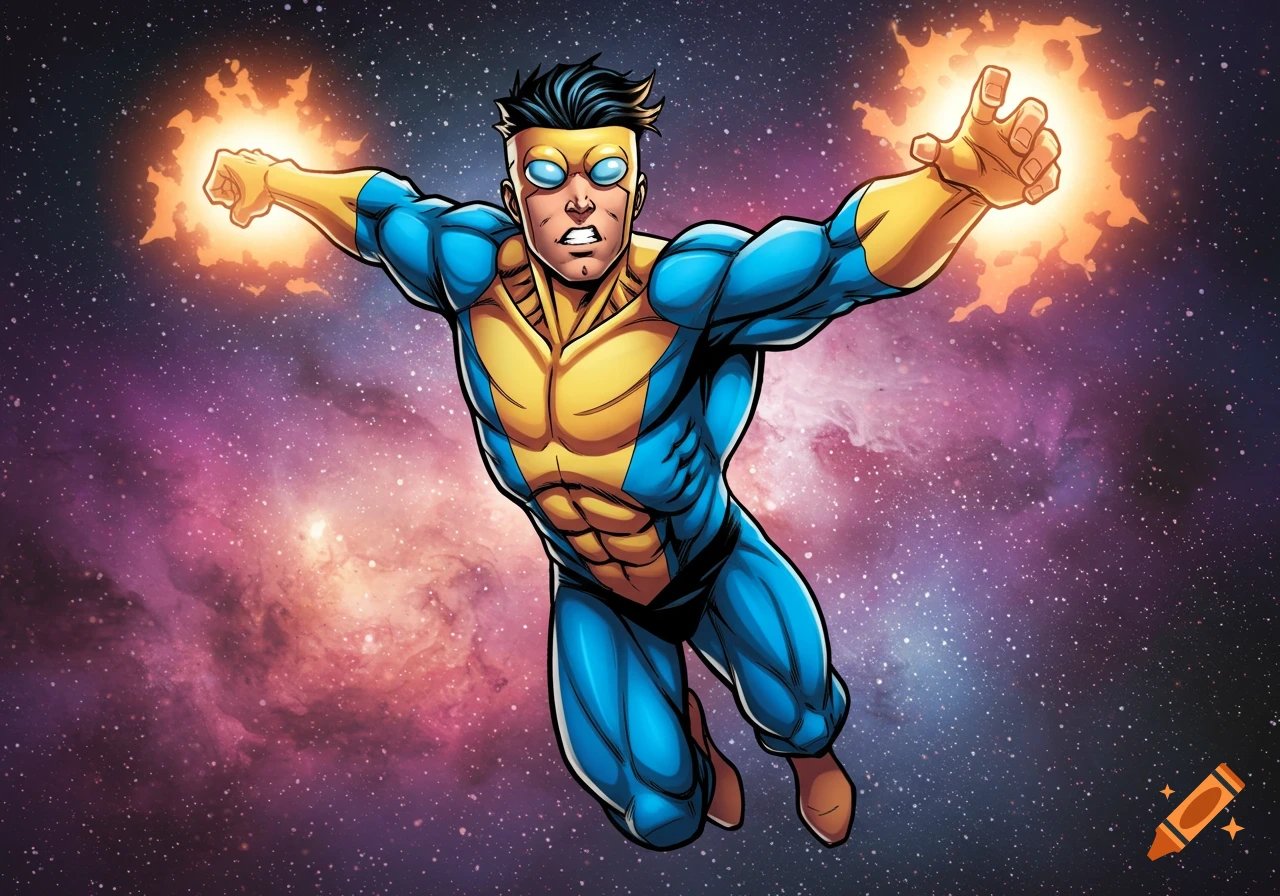A superhero in a blue and yellow suit flying in space with fiery energy around his hands.