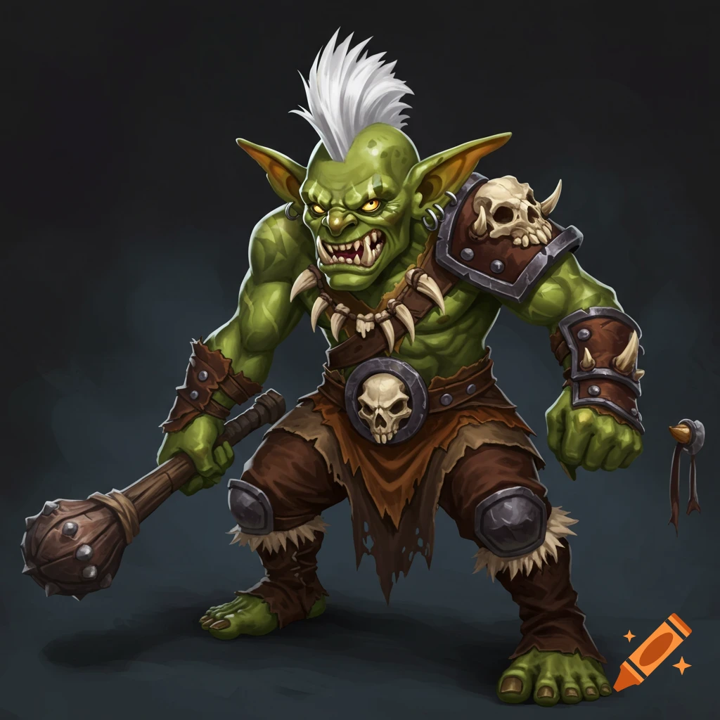 A digital painting of a green goblin barbarian with a white mohawk, skull armor, and club.