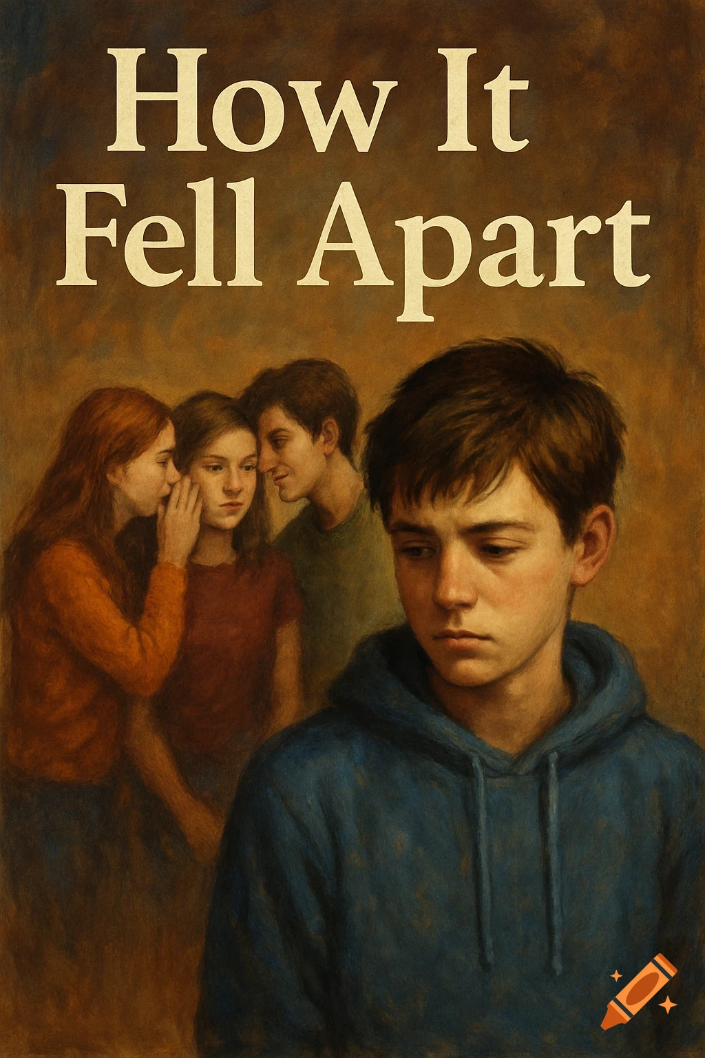 Book cover illustration titled 'How It Fell Apart' showing a sad boy in the foreground and three teens whispering behind him.