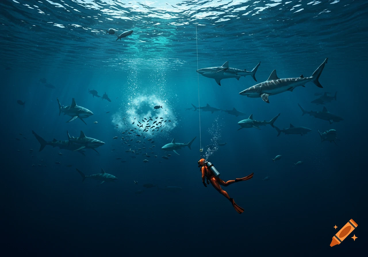 A diver swims among a large group of sharks in deep blue water.