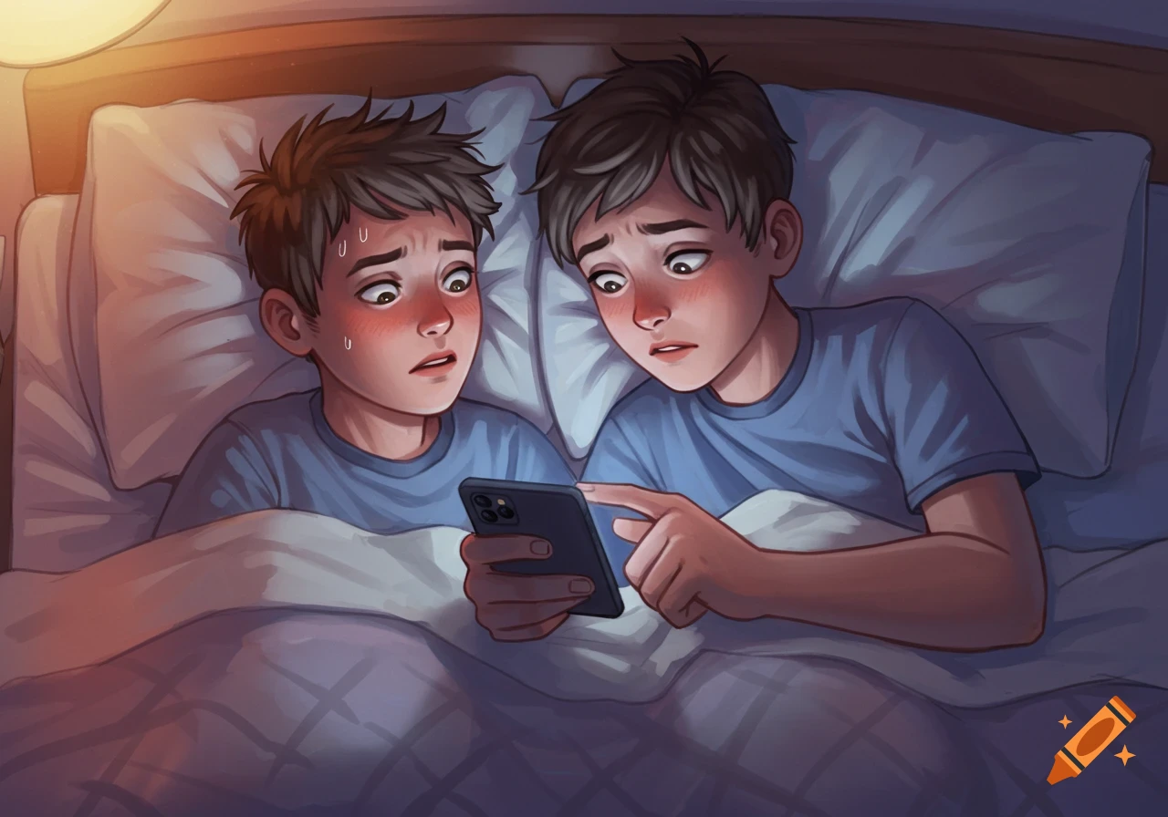 Two cartoon boys look scared while holding a phone in bed at night.
