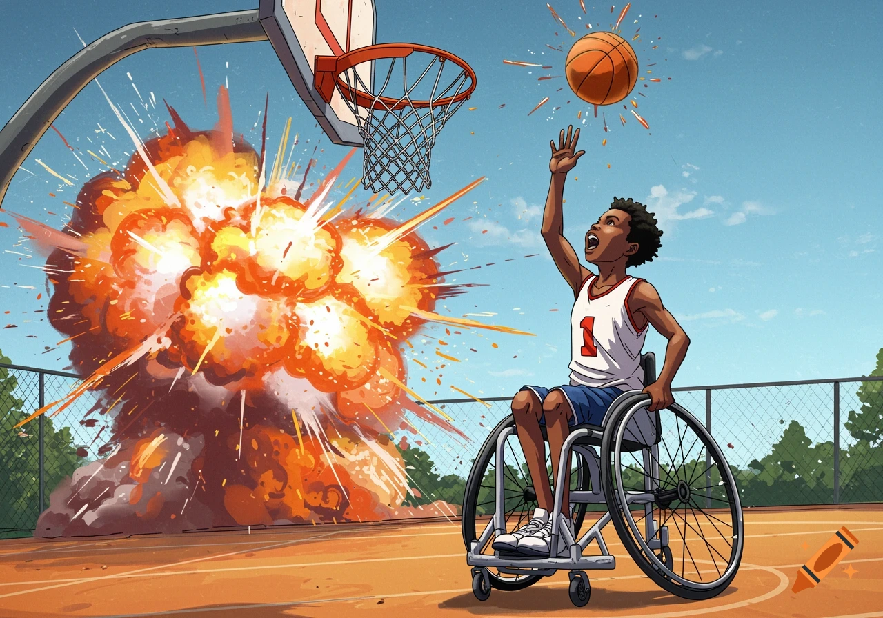 Young person in wheelchair shoots basketball with large explosion behind the hoop.