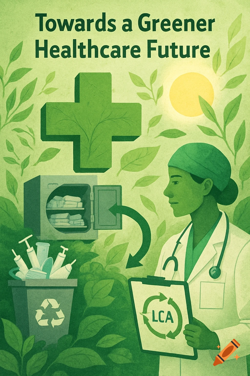 Illustration of a doctor, green cross, recycling bin, and clipboard with 'LCA' text for sustainable healthcare.