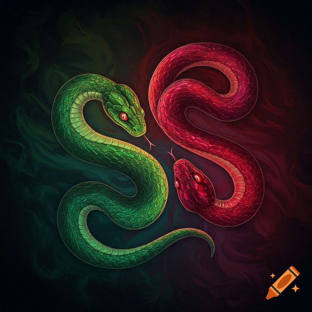 Two intertwined green and red stylized snakes against a dark background.