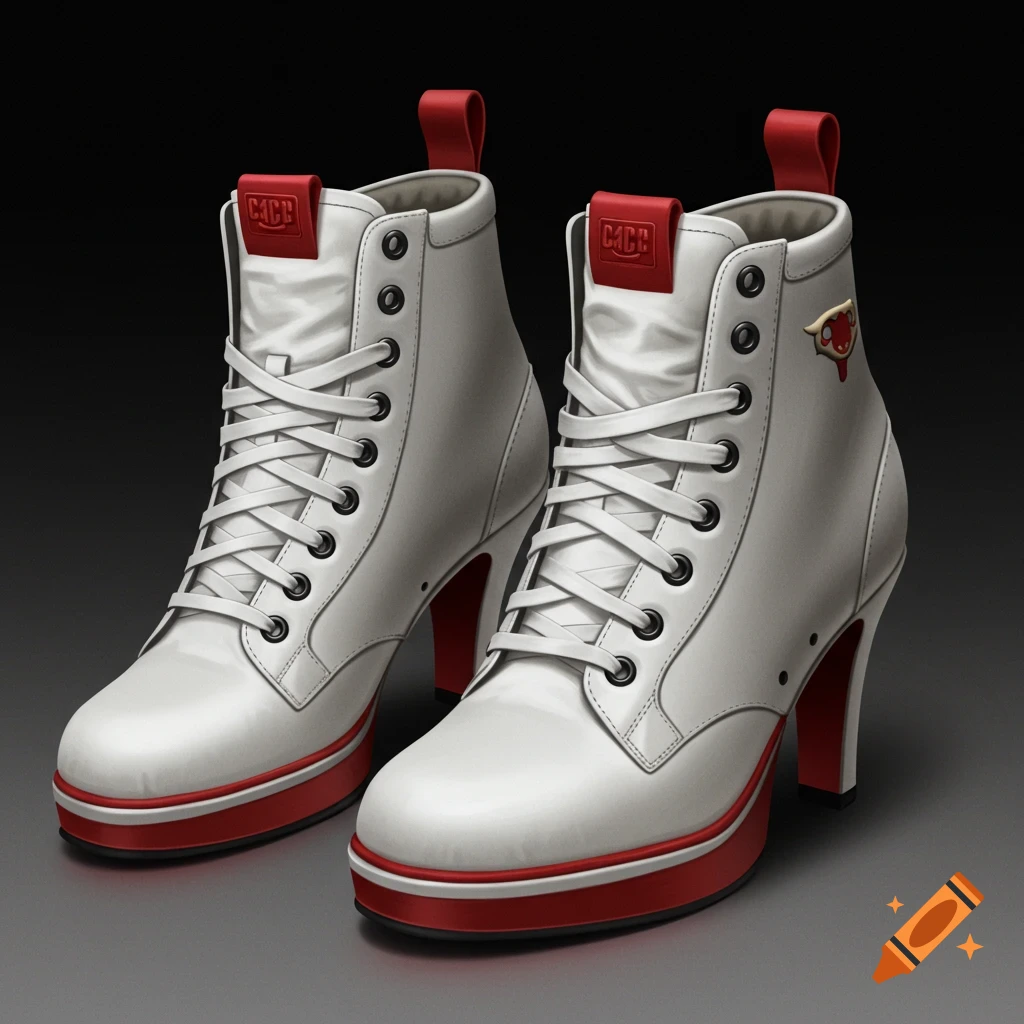 A pair of white and red high-heeled boots