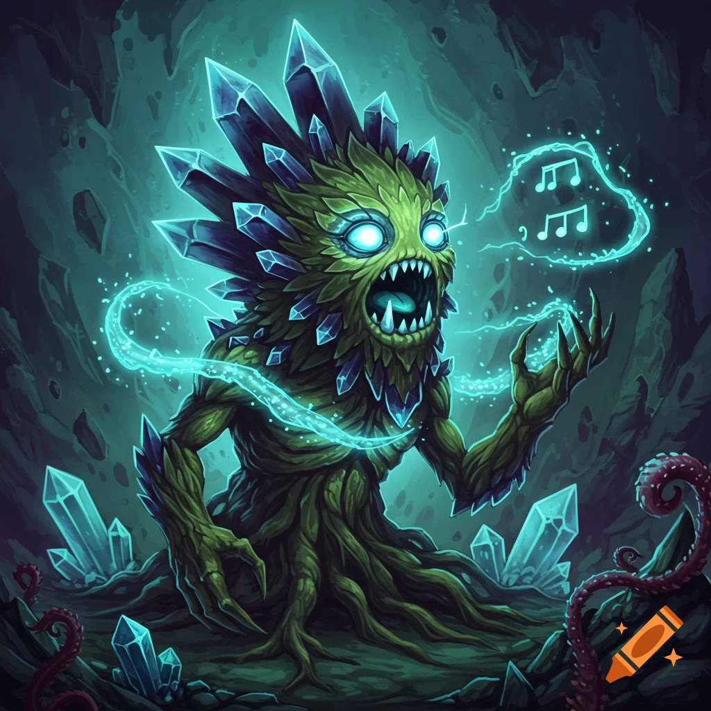 Green crystal plant monster singing in a dark cave with glowing musical notes.