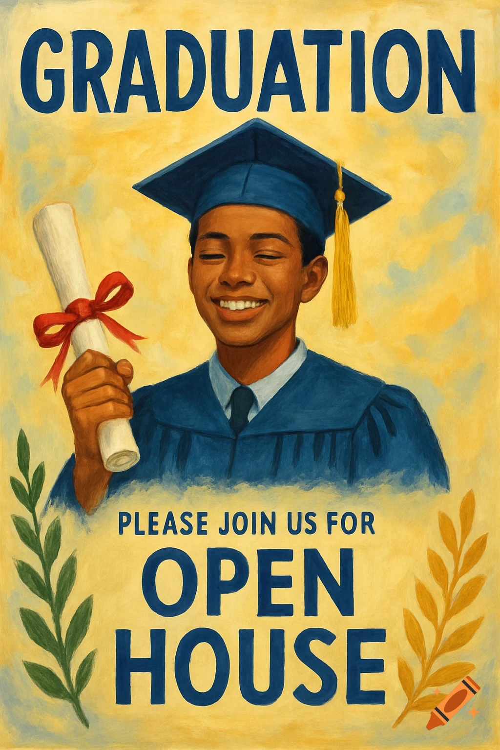 Vintage painted poster for a graduation open house with a smiling person in cap and gown holding a diploma.
