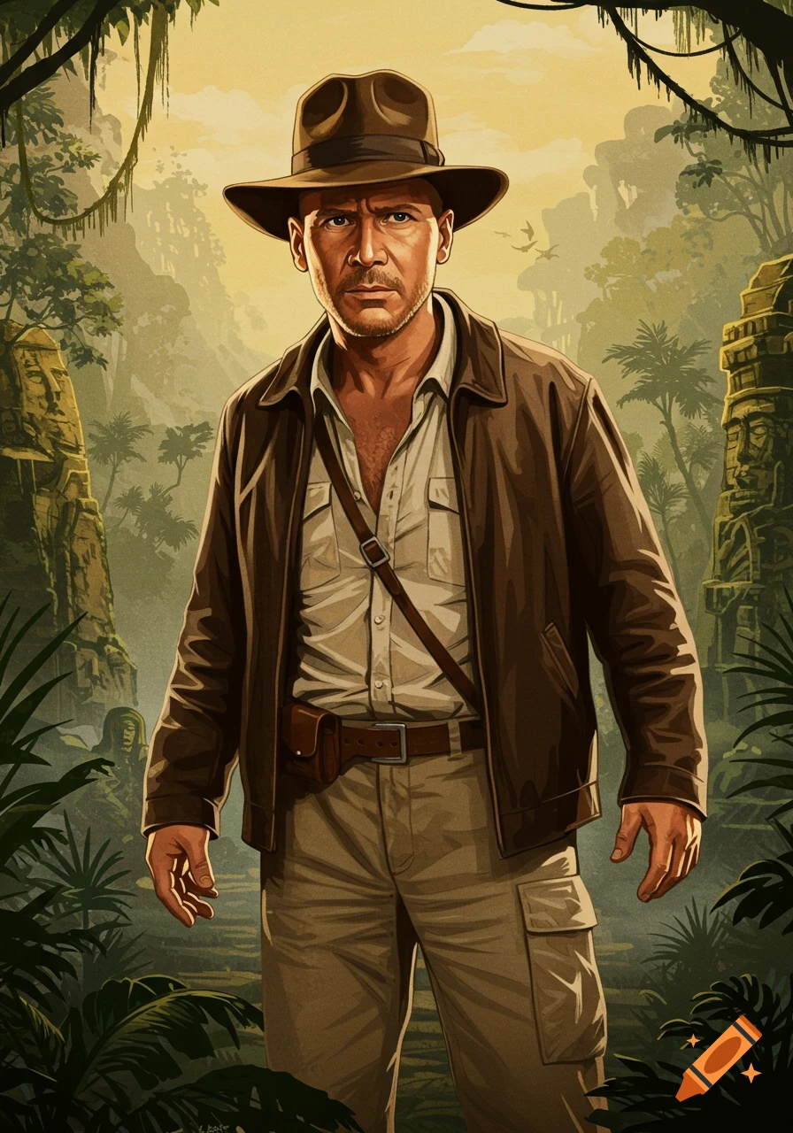 Illustration of Indiana Jones in a jungle near ancient ruins.