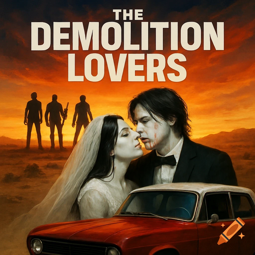 Movie poster with couple in wedding clothes and blood makeup, car, and silhouettes in desert sunset with title 'The Demolition Lovers'