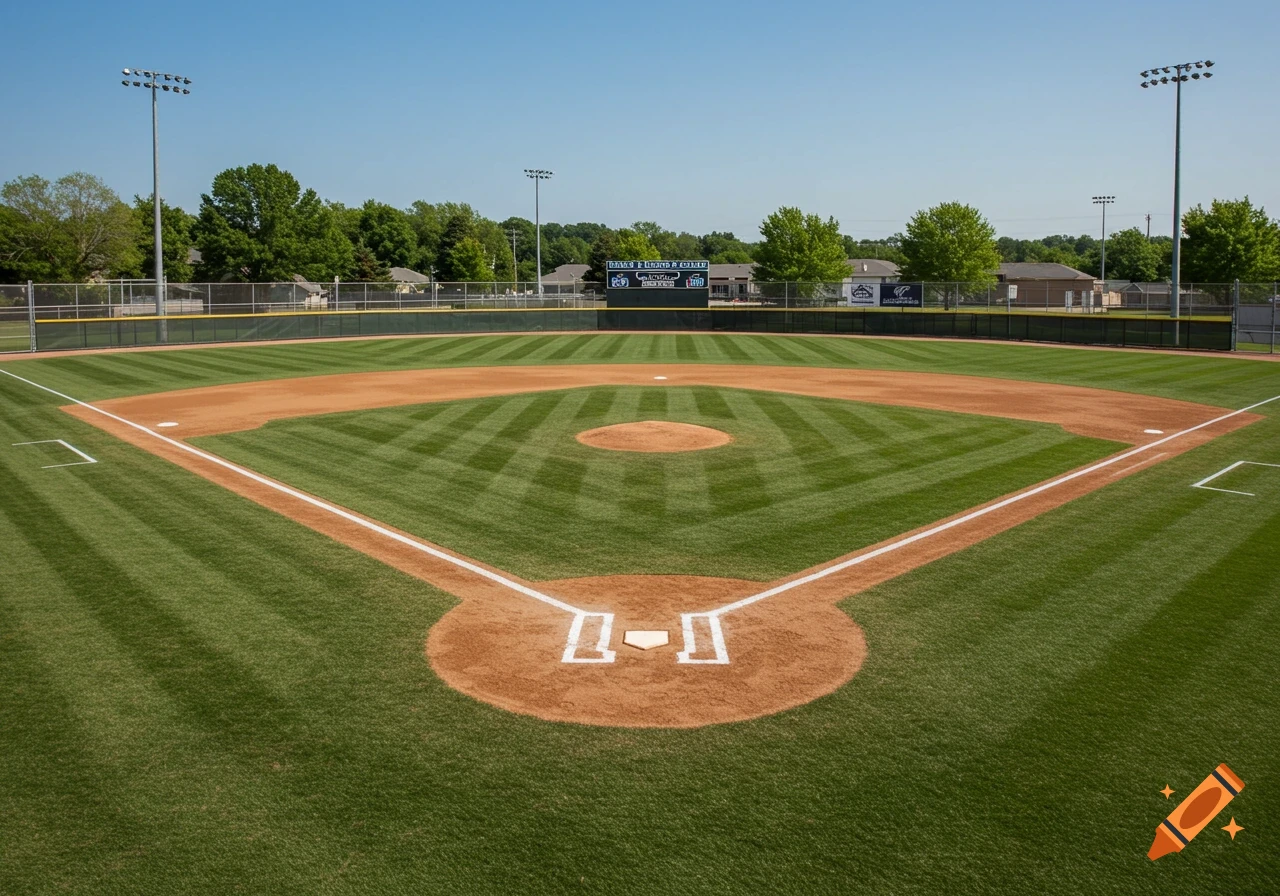 Empty baseball field with striped grass, dirt infield, scoreboard, and clear blue sky.