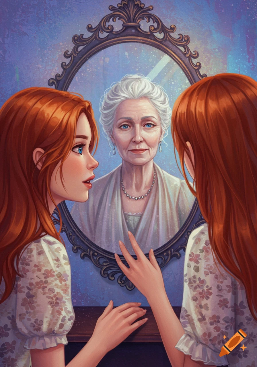A young woman looks into a mirror and sees her reflection as an older woman.