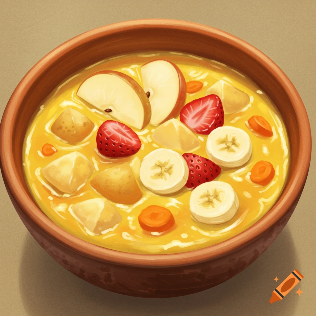 A close-up top view of a bowl of fruit soup with chunks of apple, strawberry, banana, potato, and carrot slices.