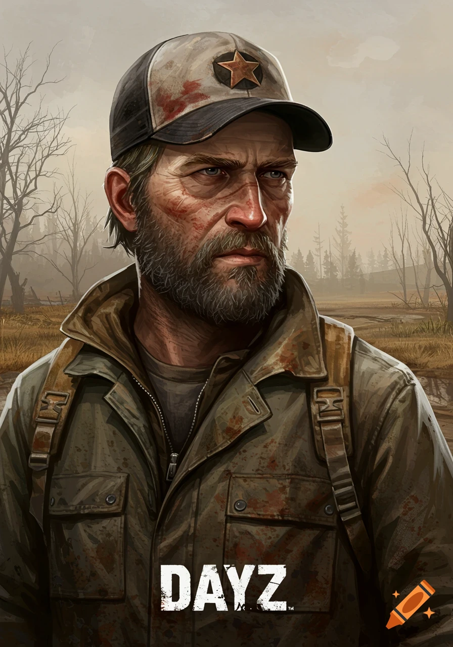 Illustration of a rugged man with a beard and cap in a post-apocalyptic landscape, DayZ logo at the bottom.