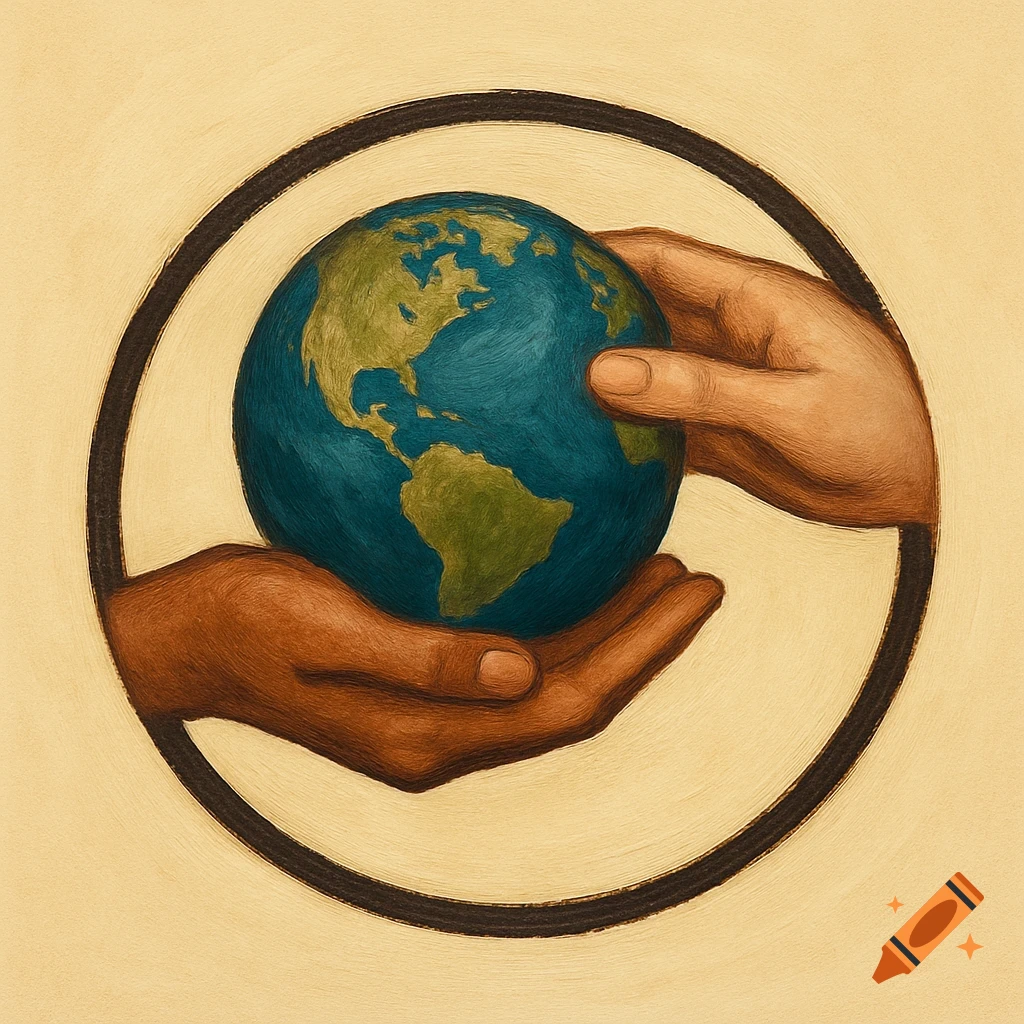 Illustration of two hands holding the earth within a circle.