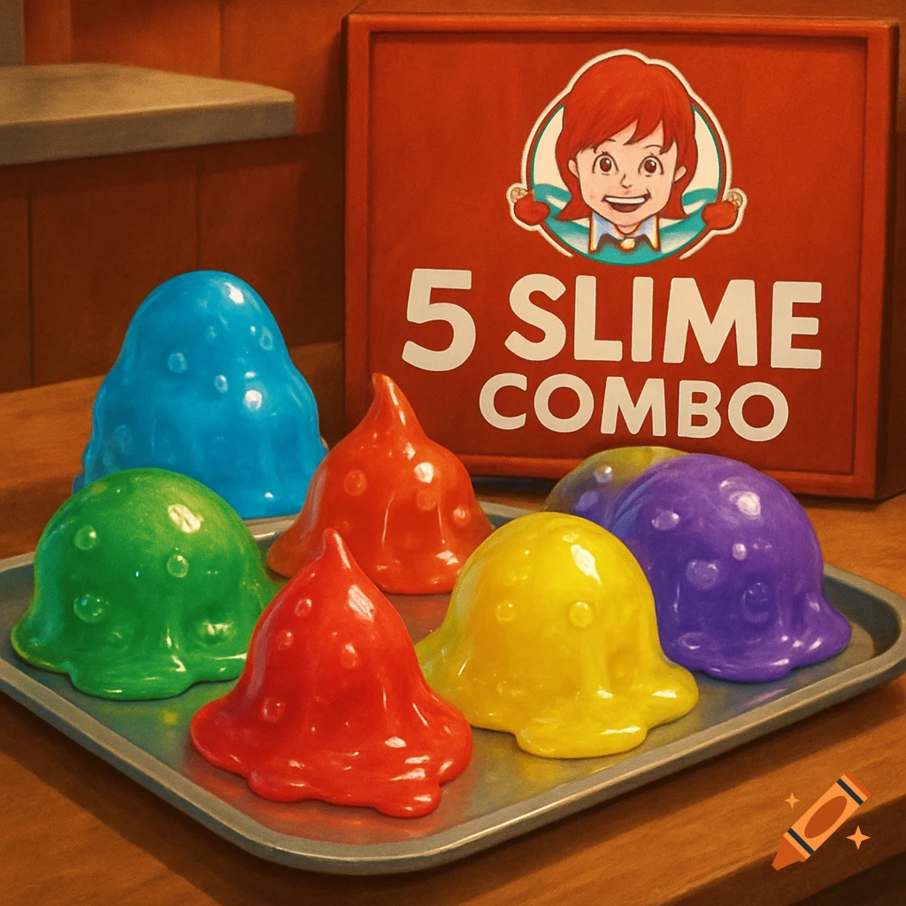 Colorful slime shapes on a tray with a red sign that says '5 SLIME COMBO' and a cartoon face.