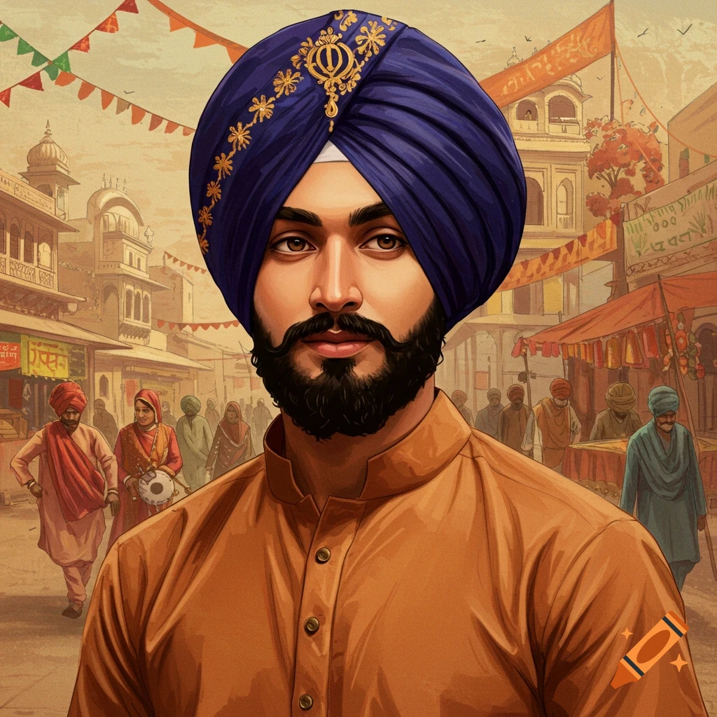 Illustration of a man in a blue turban and orange shirt standing in a busy marketplace.