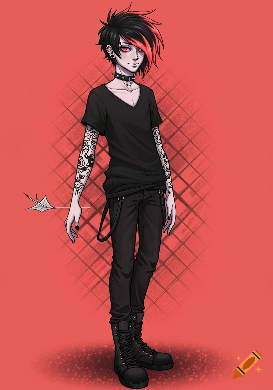Anime-style male character with black and red hair, tattoos, and piercings, wearing black clothes and boots.