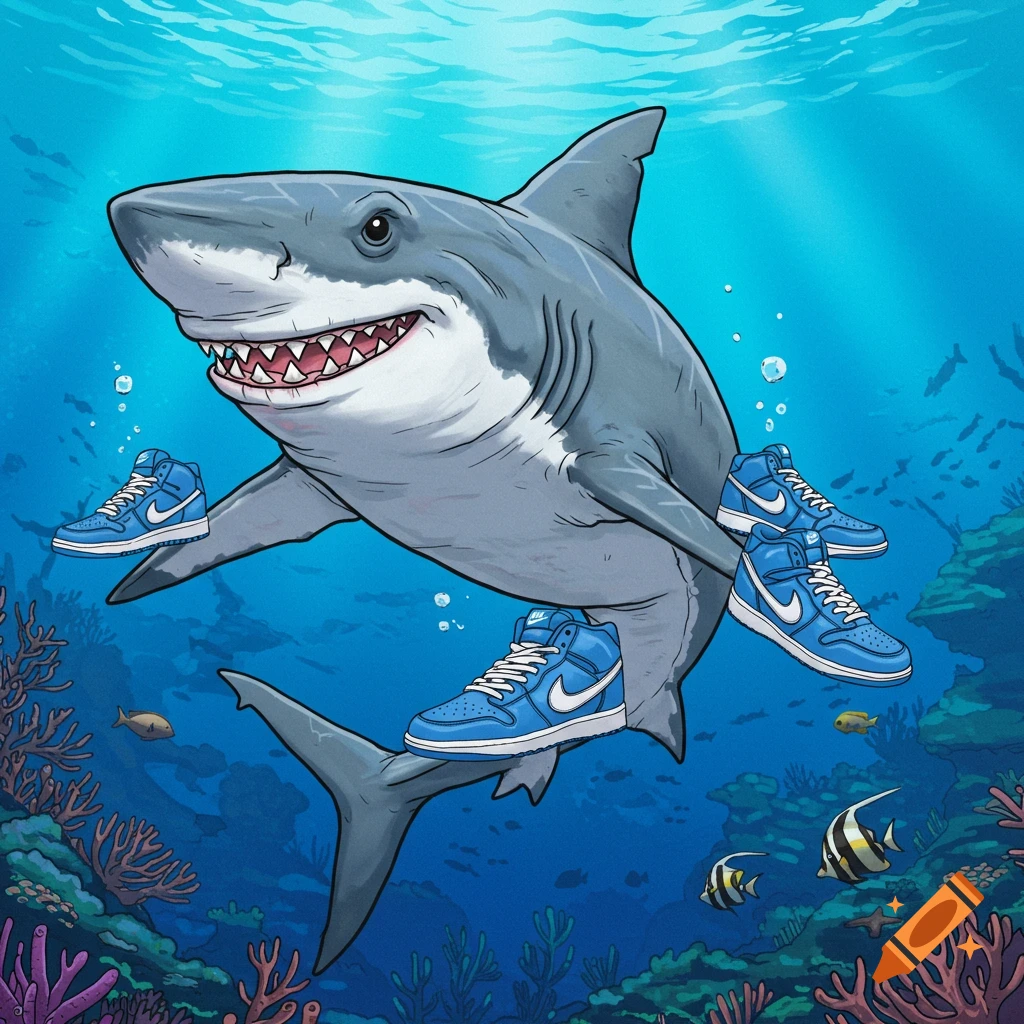 Cartoon shark wearing blue sneakers underwater