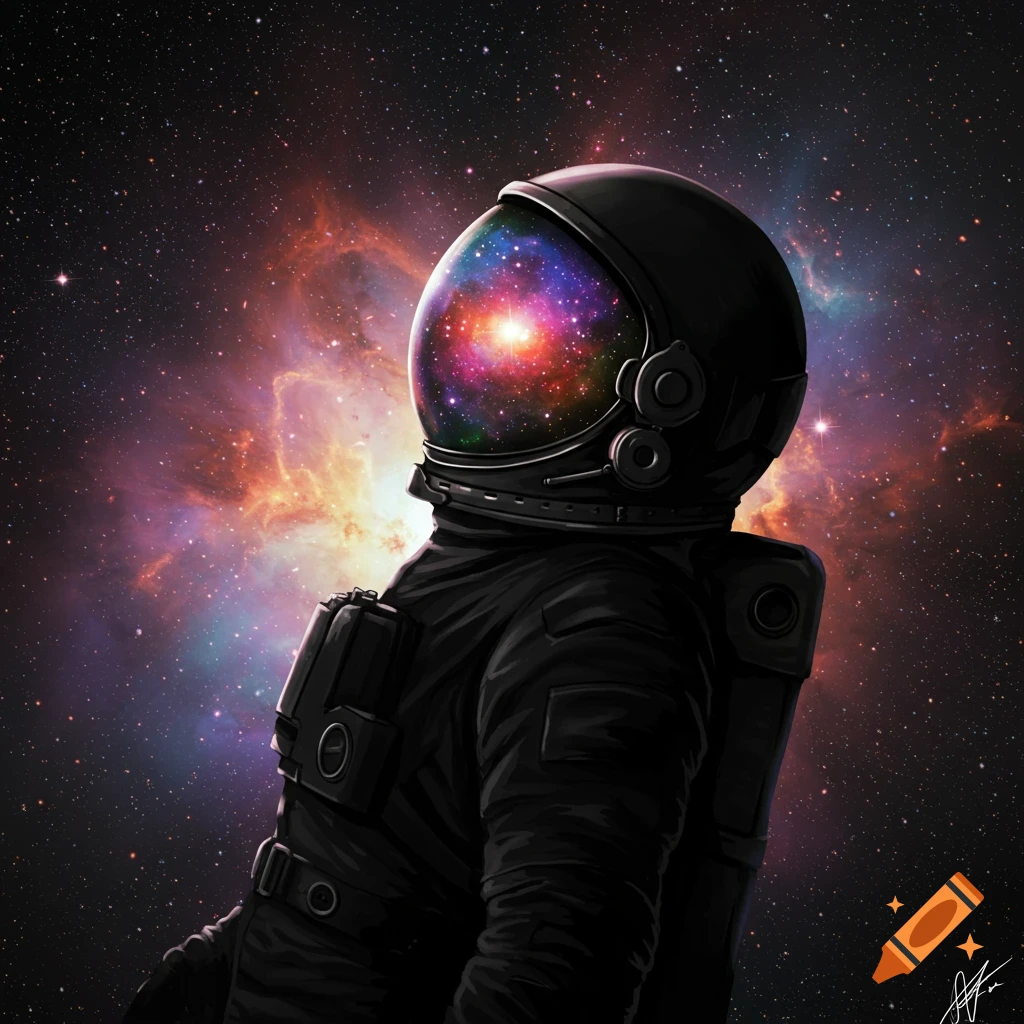 Astronaut floating in space looking at a colorful nebula reflected in their helmet visor.