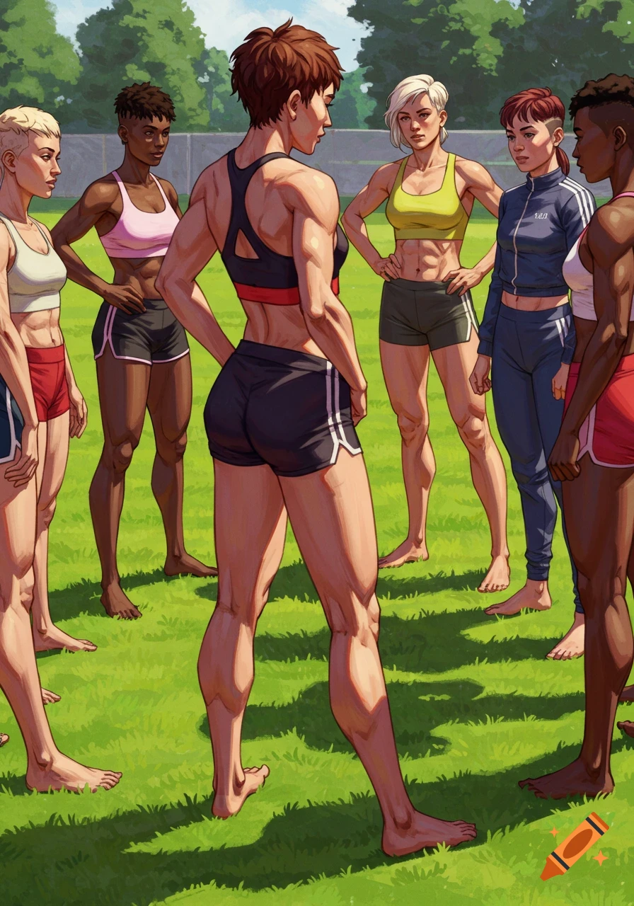Illustration of muscular female athletes standing on a grassy field