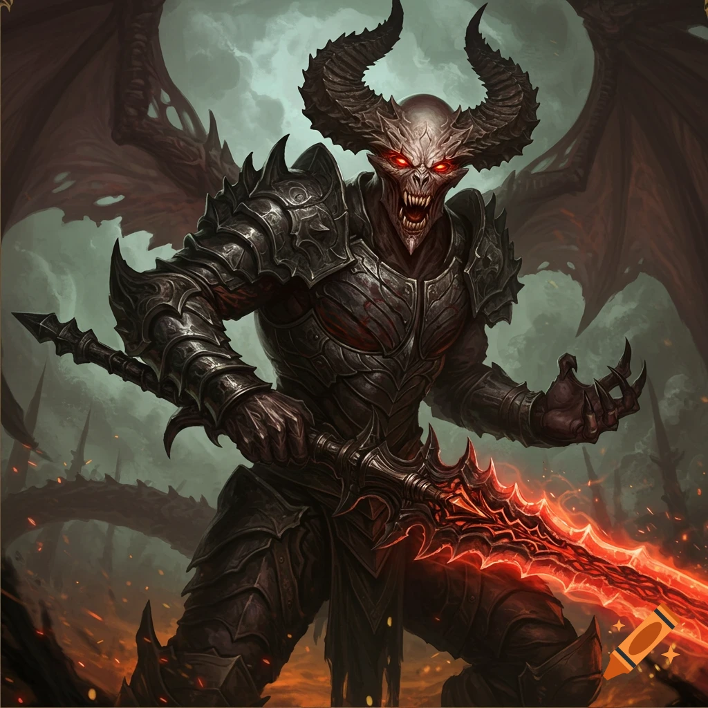 Demonic creature in armor with horns and wings holds a glowing red sword in a dark, atmospheric setting.
