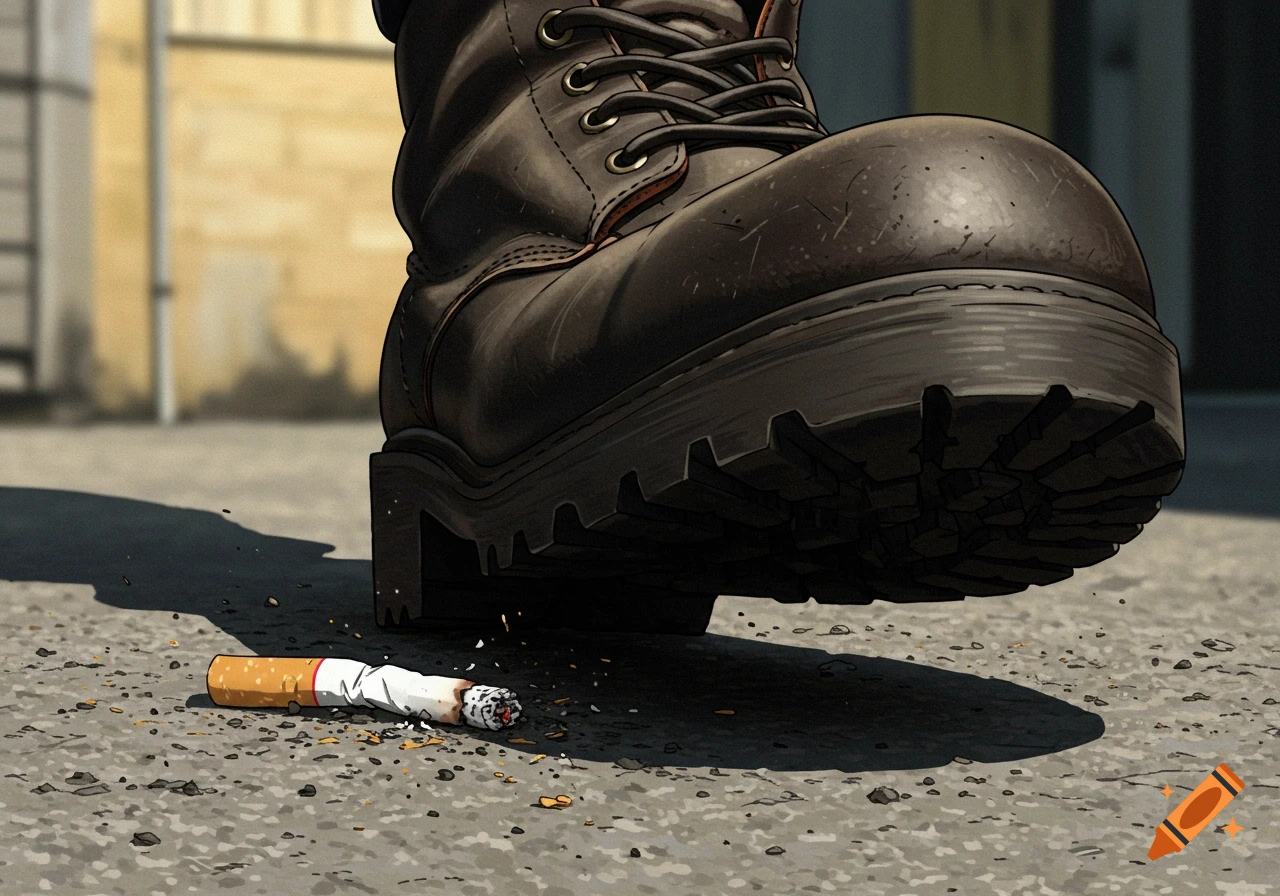 Brown work boot about to step on a burning cigarette on pavement, illustration.