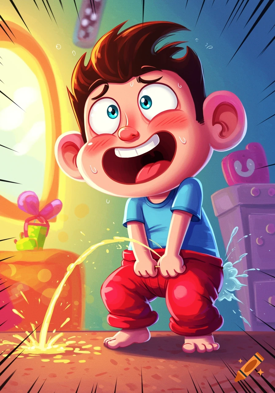 A cartoon boy looks surprised and embarrassed while peeing on the floor.