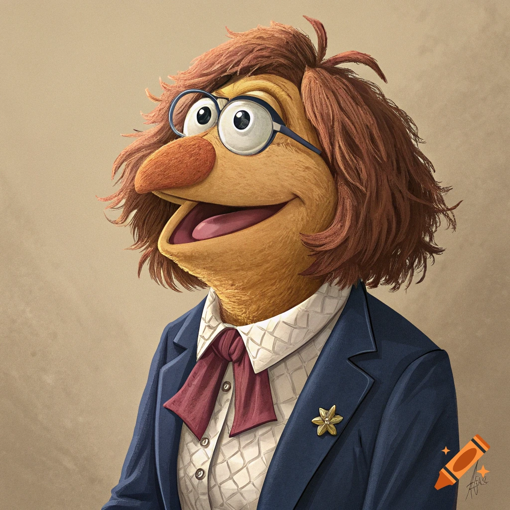 Illustration of a Muppet character with shaggy brown hair, glasses, and a suit.