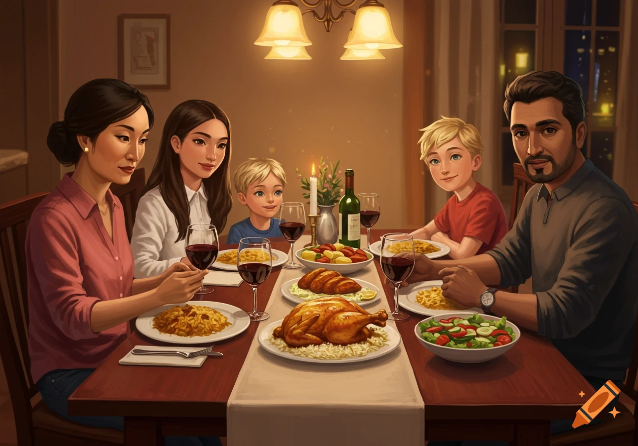 An illustration of a family having dinner around a table with food and drinks.