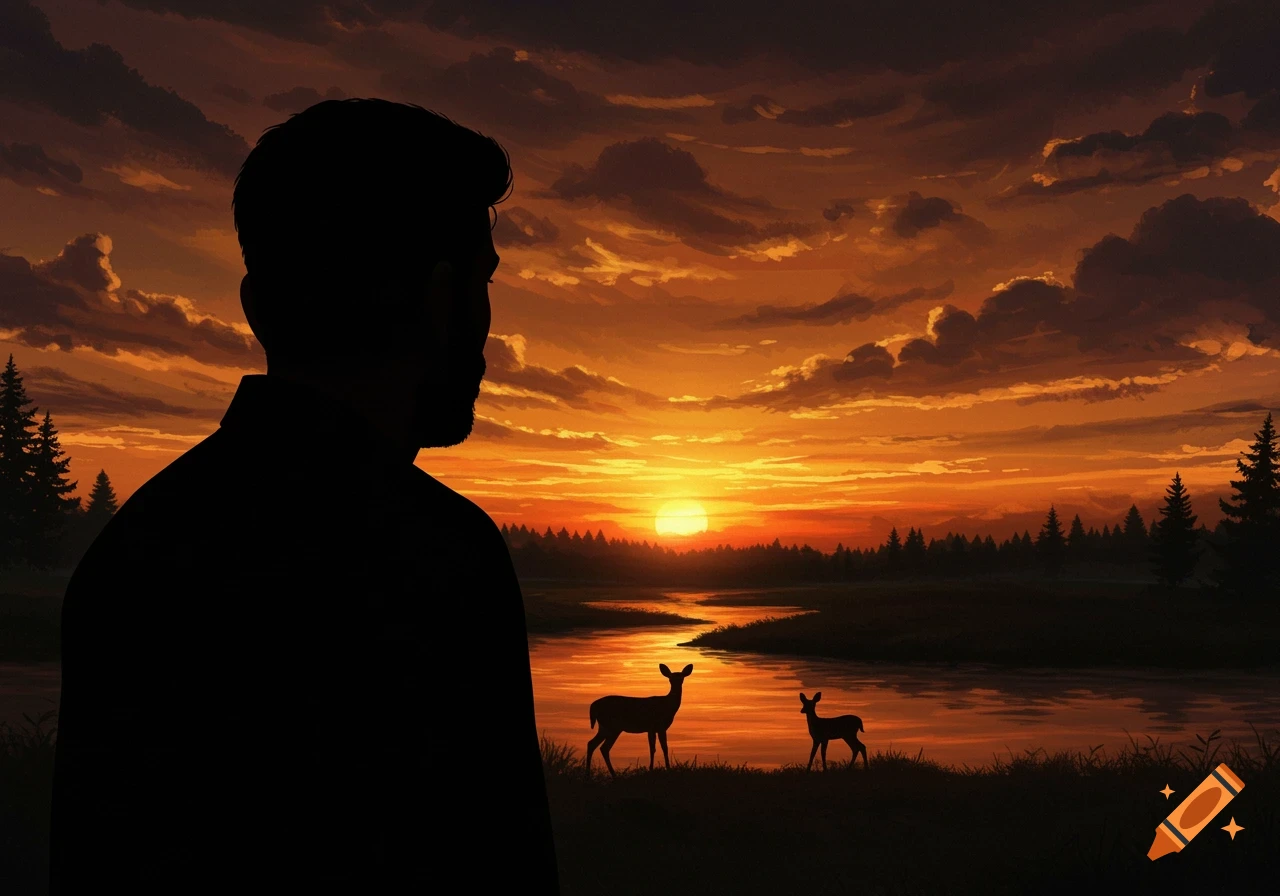 Silhouette of a man watching deer by a river at sunset, illustration style.