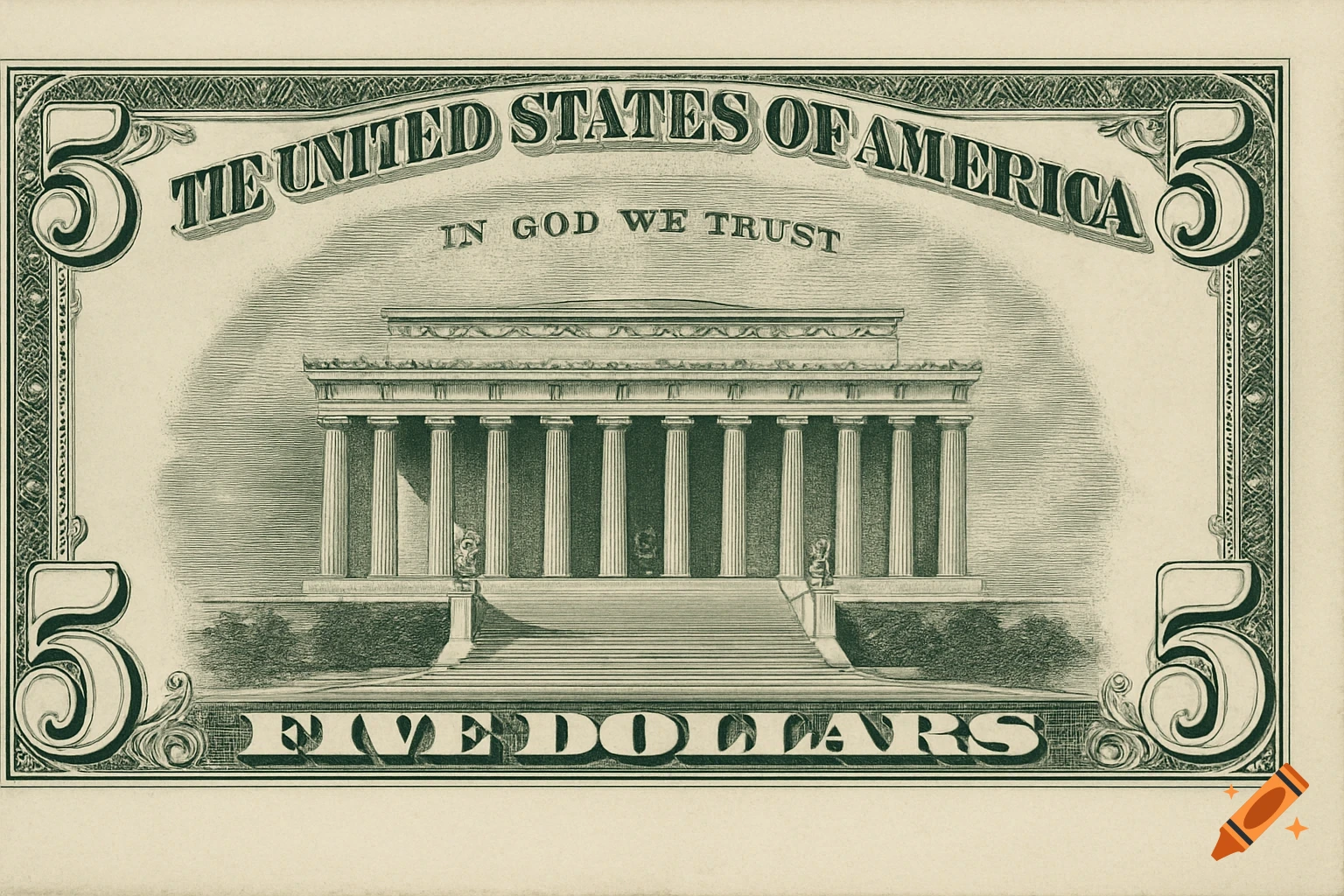 Back of a five dollar bill showing the Lincoln Memorial