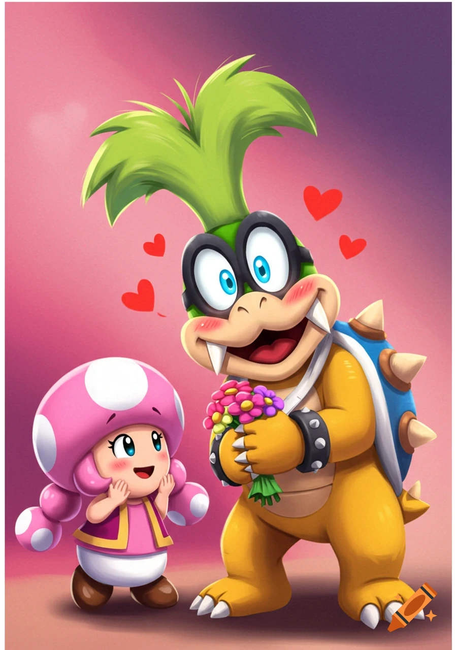Cartoon Iggy Koopa offering flowers to Toadette