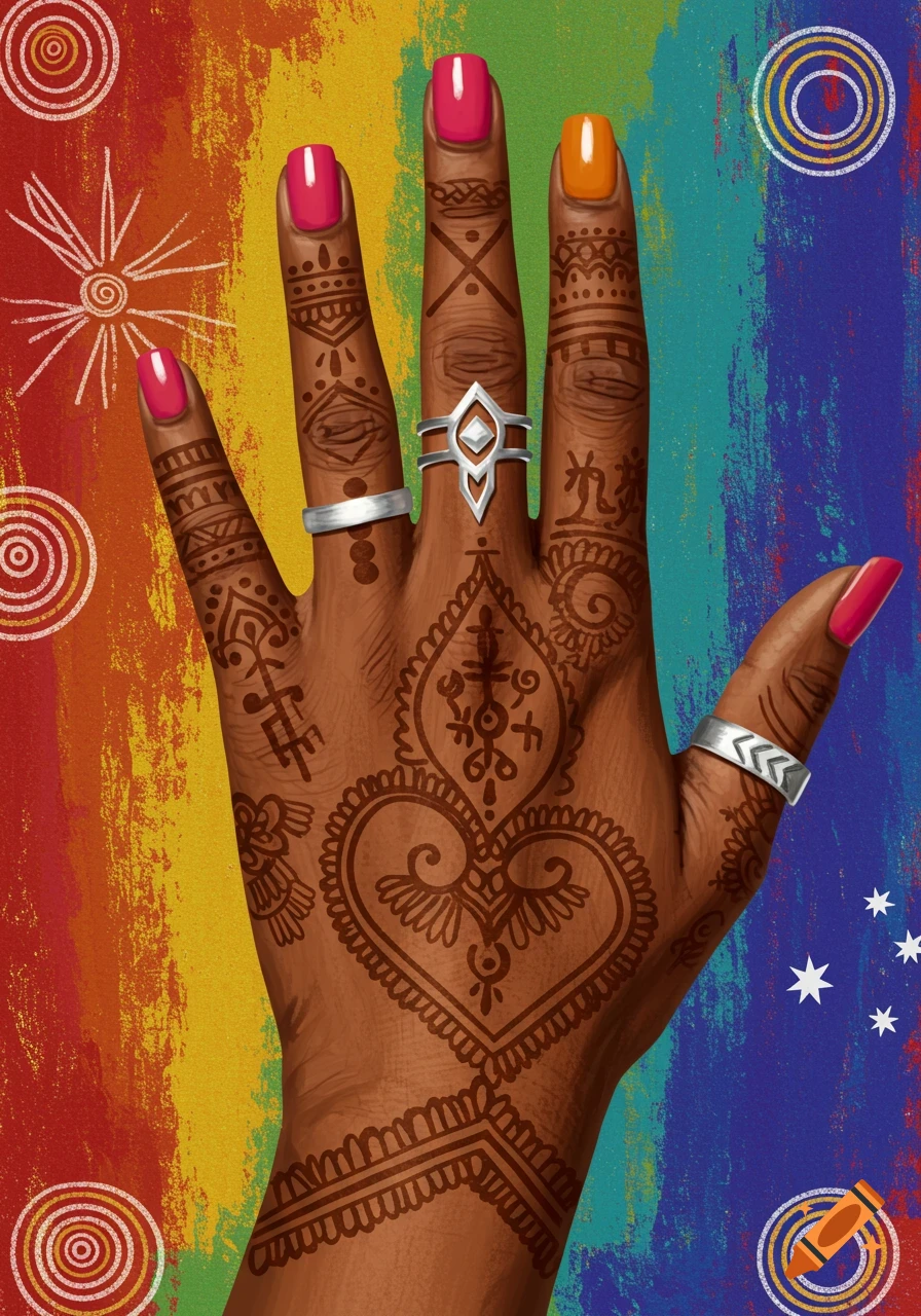 Hand with henna art and rings against a colorful background
