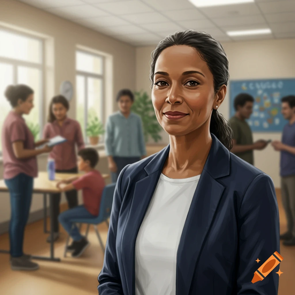 A smiling woman in a blazer looks at the camera, with blurred people in a room behind her.