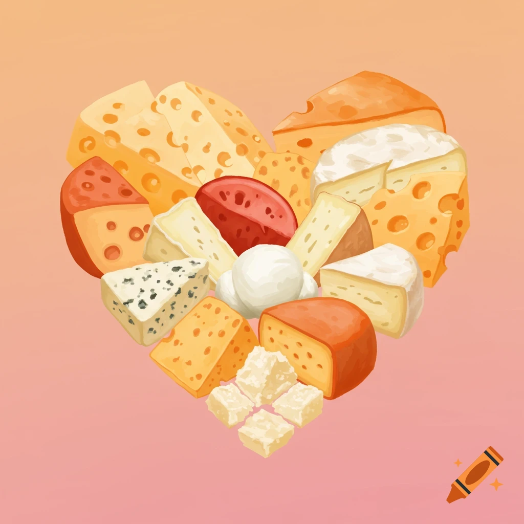 Illustration of various cheeses arranged in a heart shape on a gradient background.