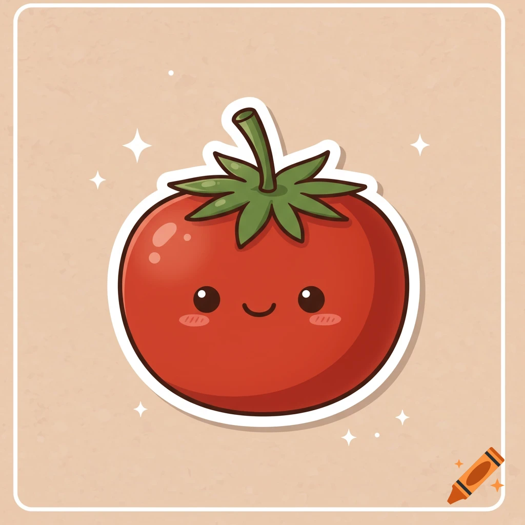 A cute kawaii tomato sticker on a textured background.