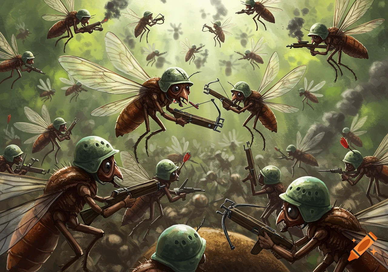 A swarm of winged insects in military helmets fight with miniature weapons in a surreal battlefield.