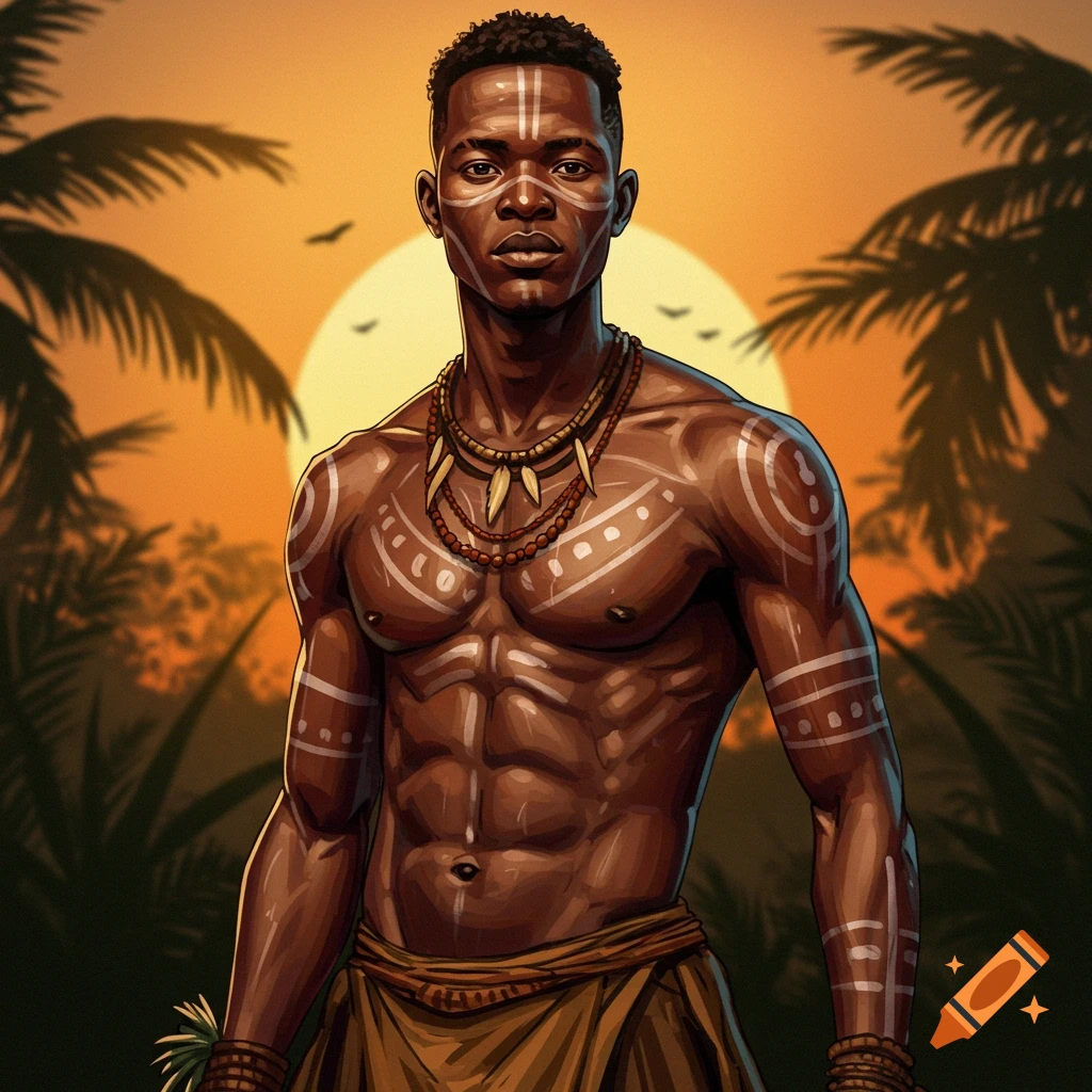 Muscular man with tribal body paint and necklace against a sunset with palm trees.