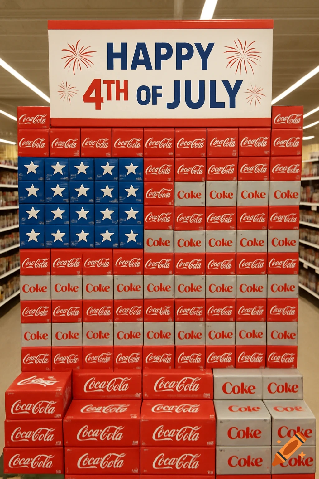 Coca-Cola and Coke cases arranged as an American flag display with a 'Happy 4th of July' sign in a grocery store.