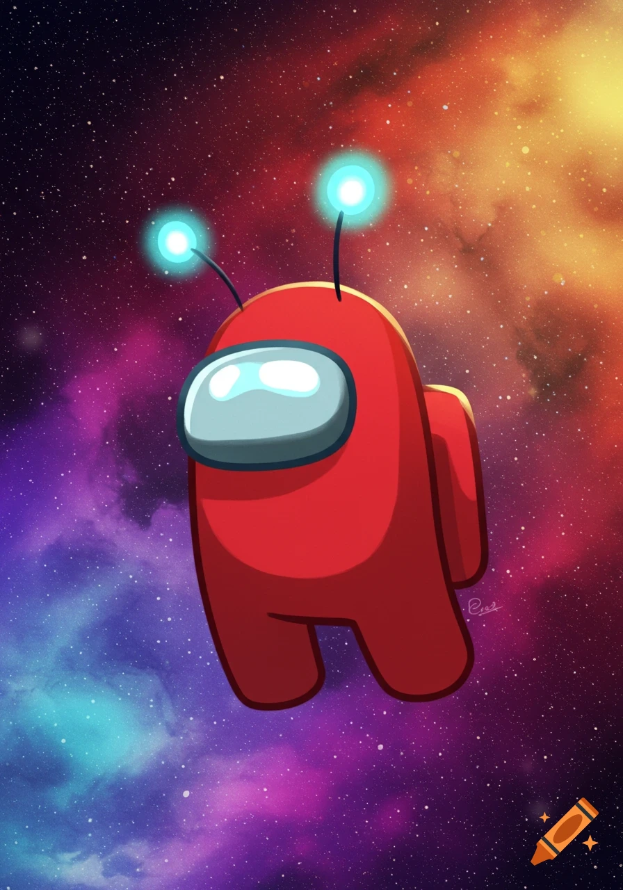 A red Among Us character with glowing antennas floats in space with a colorful nebula backdrop.
