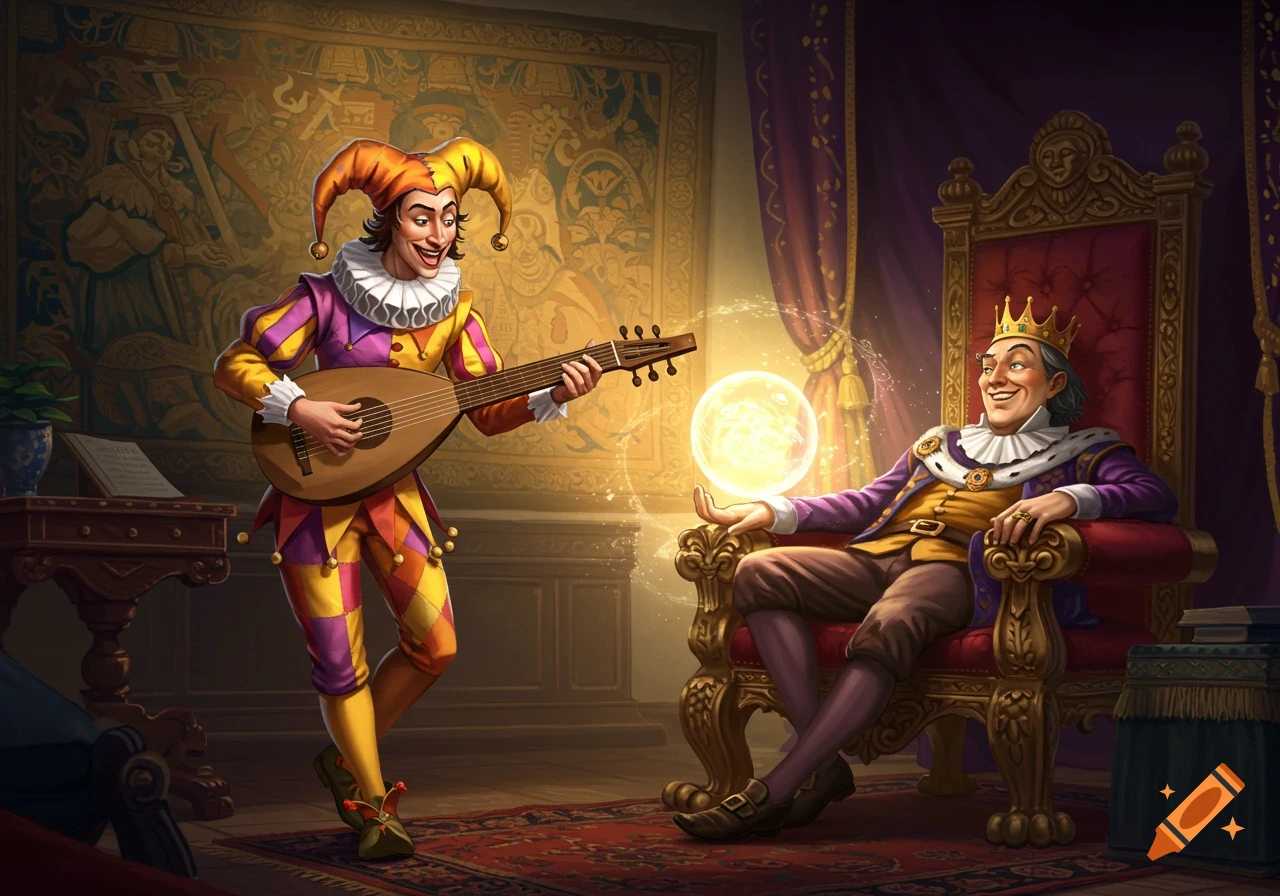 A jester in colorful attire plays a lute for a king seated on a throne, holding a glowing magical orb.