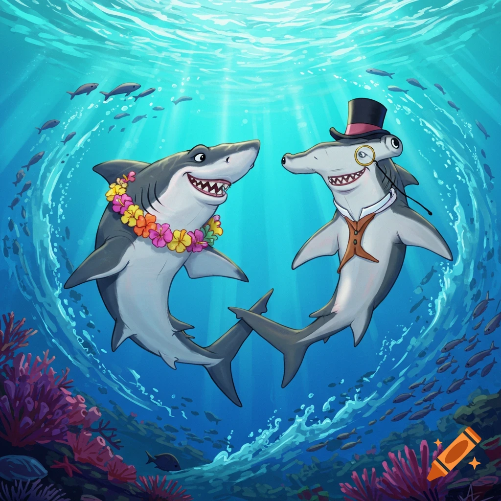 Two cartoon sharks, one with a lei and one with a top hat and monocle, appear to dance underwater among coral.
