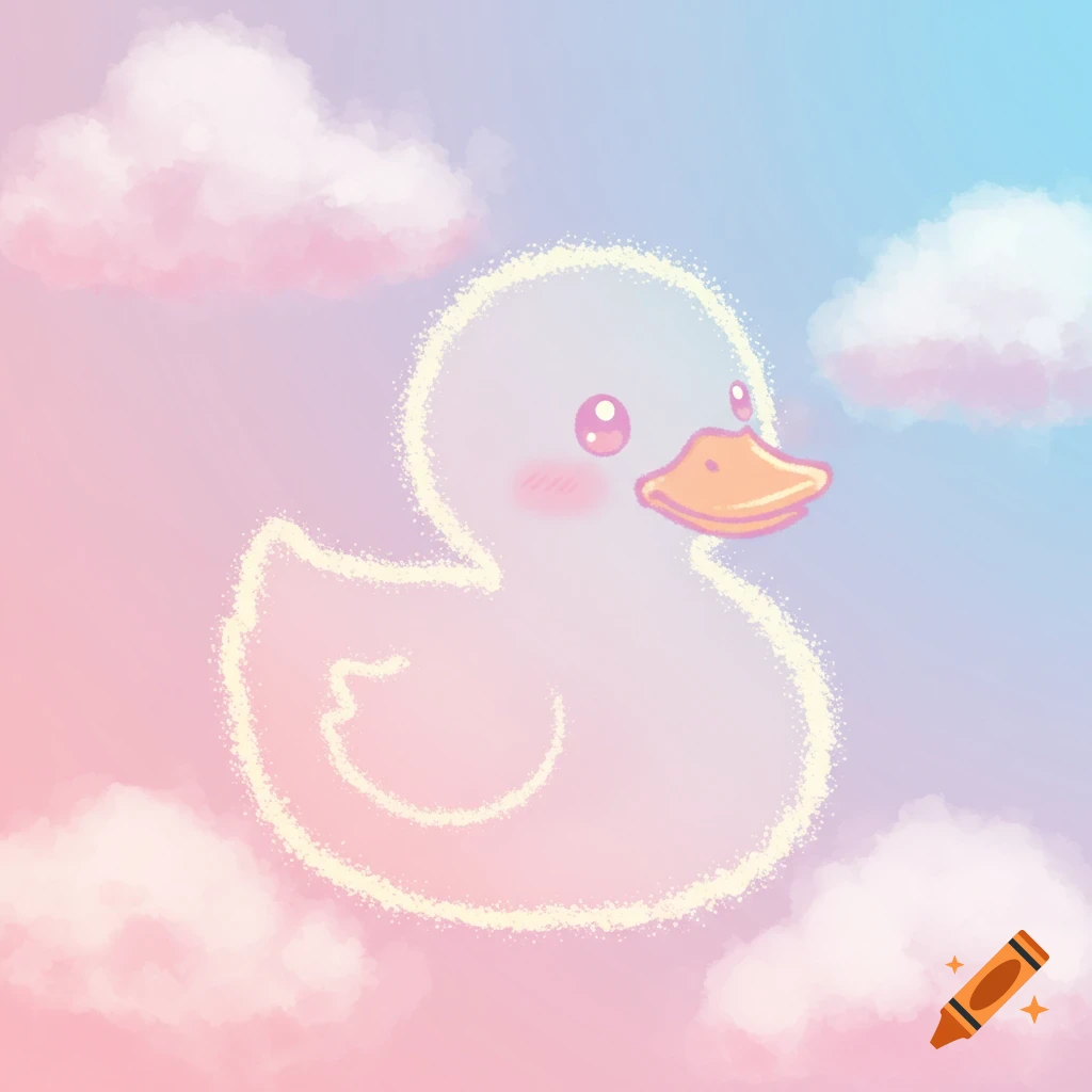 A cute, sparkling outline of a duck floats among pink and blue clouds in a pastel sky.