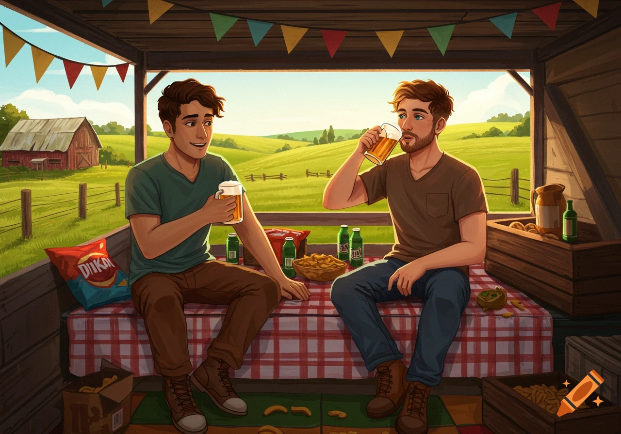 Two men drinking beer and eating snacks at a picnic table under a barn roof with a farm in the background, cartoon style illustration.