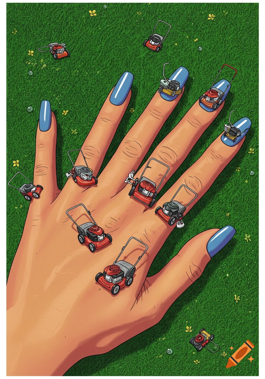Illustration of a hand with miniature lawnmowers on the fingernails, on green grass.